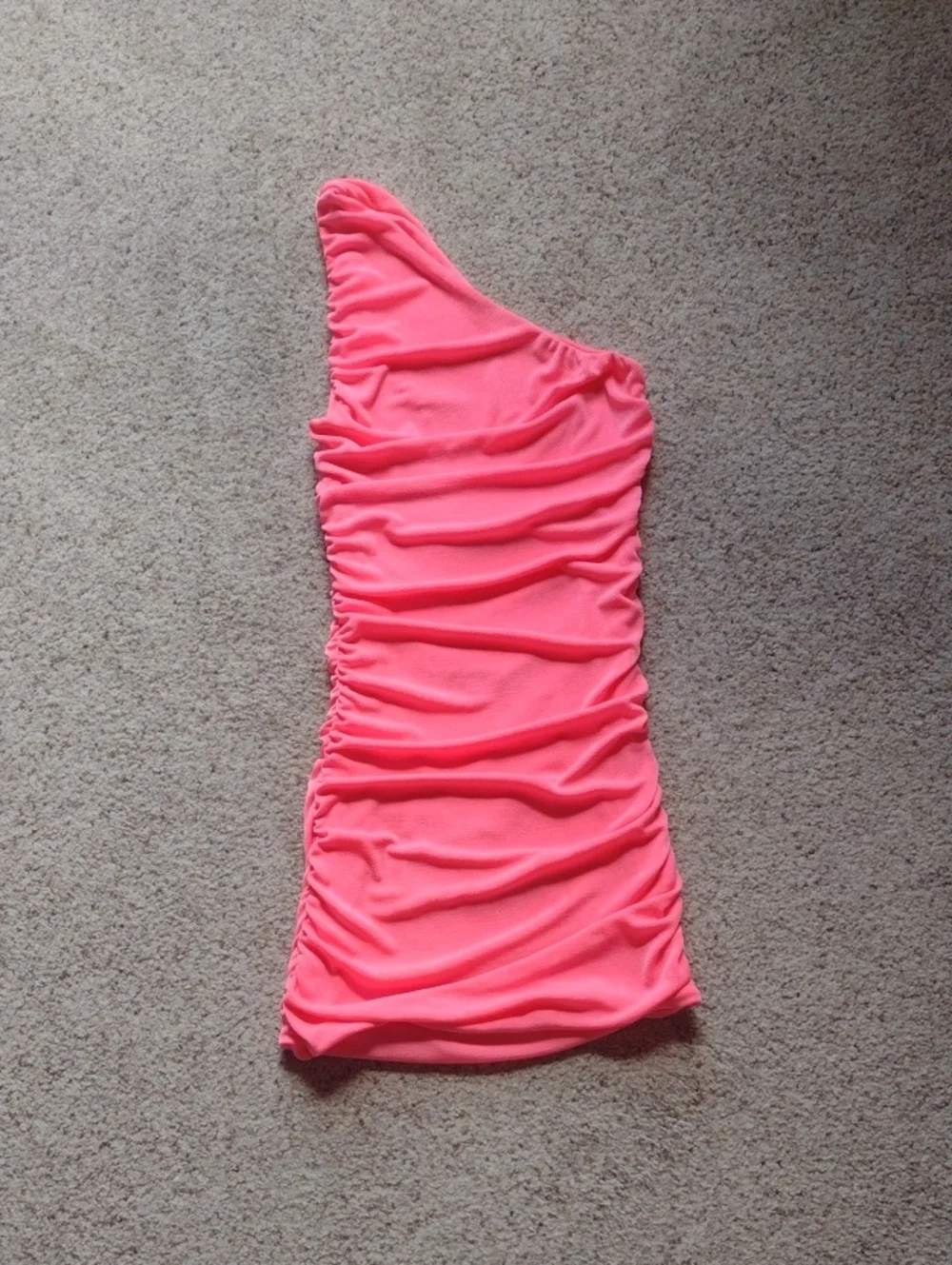 One-Shoulder Ruched Neon Pink Bodycon Dress - Picture 1 of 5